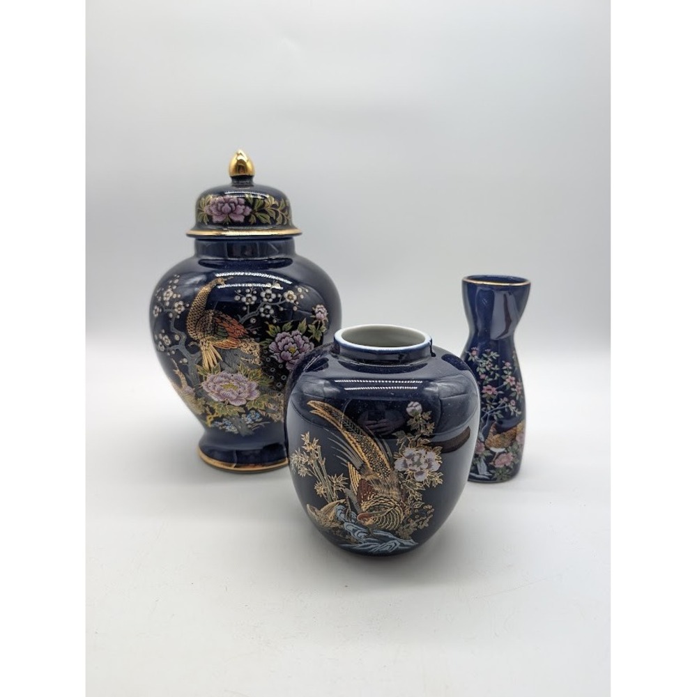 Vintage Japanese Cobalt Blue Peacock Porcelain Ginger Jar Saki 3 Set Floral Bird